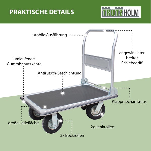 Illustration eines Transportwagens mit stabiler Ausführung, umlaufender Gummischutzkante, Antirutschbeschichtung, angewinkeltem Schiebegriff, großer Ladefläche, Klappmechanismus sowie zwei Lenkrollen und zwei Bockrollen; Trutzholm Logo