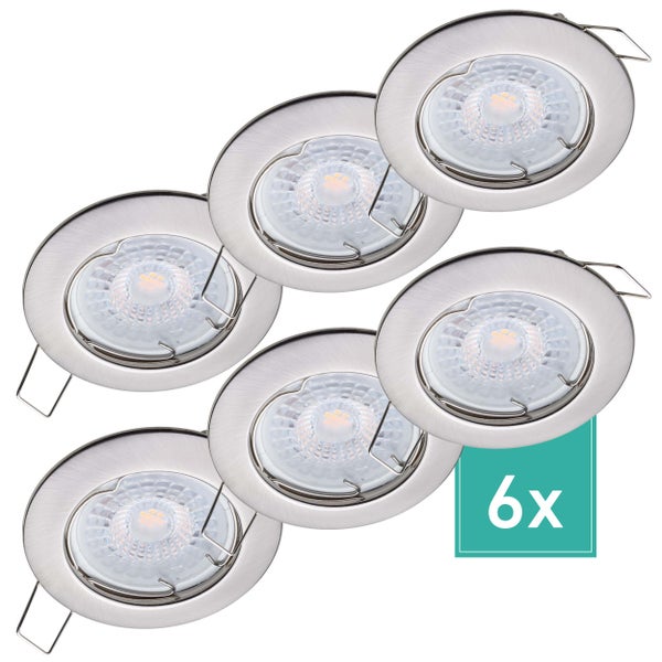 Oktaplex Lighting 6er Set LED Spots Sedan - 3 Stufen dimmbar - 4,8W 3000K 230V 380lm Warmweiß 120° - Deckenspot Edelstahl gebürstet Lochmaß 60mm