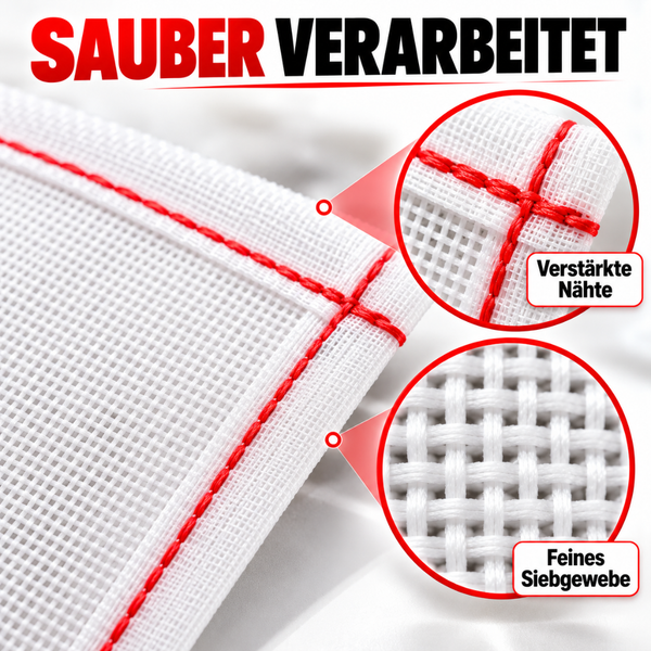 Detailansicht eines feinmaschigen Siebgewebes mit robusten, verstärkten Nähten.