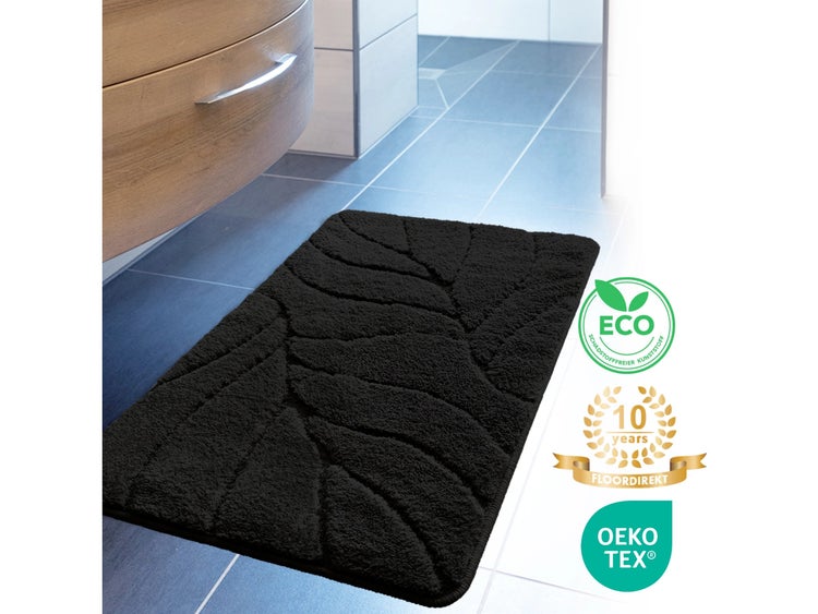 FLOORDIREKT Badematte Maris - Flauschiger Badvorleger mit Blattstruktur - Schwarz - 40 x 60 cm