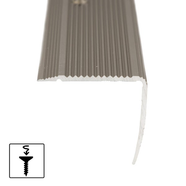 Treppenkantenprofil aus Aluminium in L-Form mit geriffelter Oberfläche für die Schraubmontage.