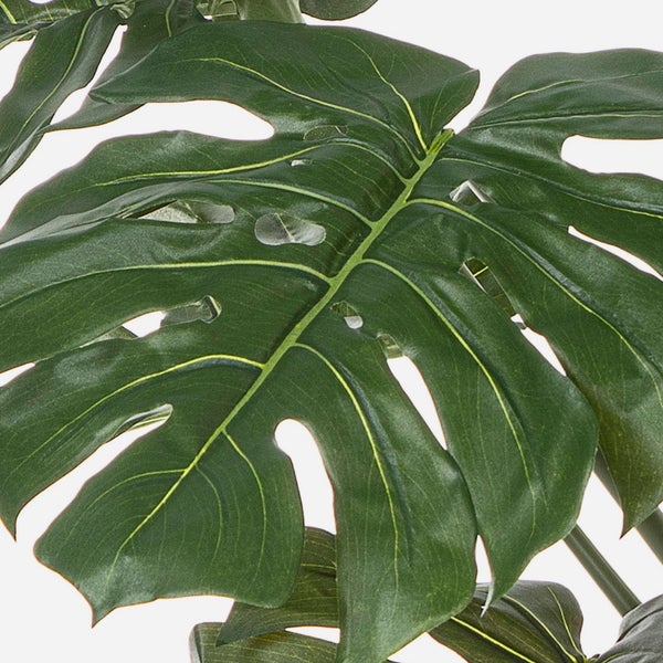 Künstliches Fensterblatt Monstera mit charakteristischen Schlitzen und Löchern in einer Detailansicht.