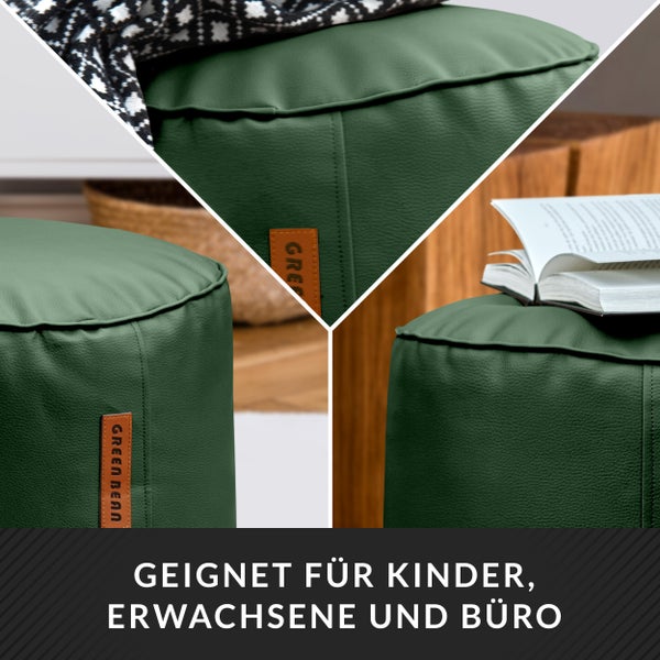 Collage eines grünen Sitzhockers mit Green Bean Logo