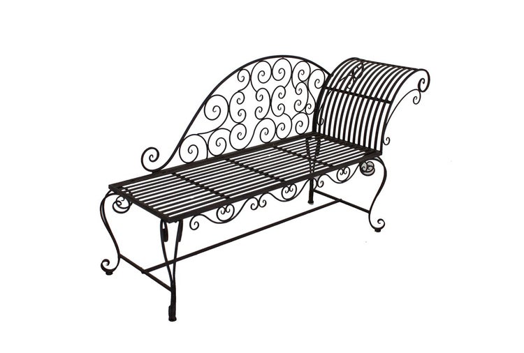 Verzierte dunkle Gartenbank aus Metall mit geschwungener Rückenlehne im Recamiere Design.