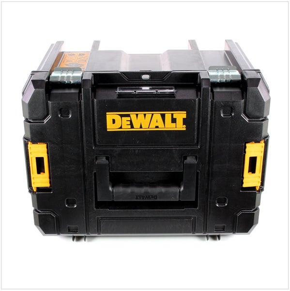 DeWALT Werkzeugbox mit Tragegriff, robusten Verschlüssen und Markenlogo auf der Vorderseite.