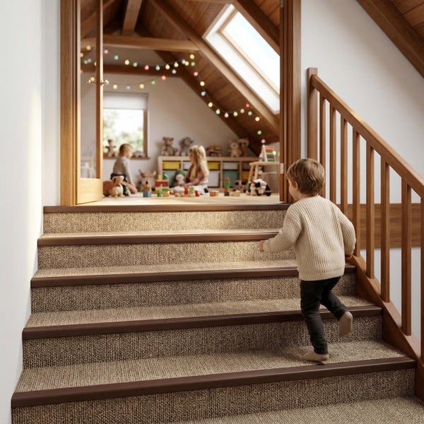 Kind steigt eine mit Teppich ausgelegte Treppe mit Treppenkantenprofilen hinauf zu einem Dachbodenspielzimmer.