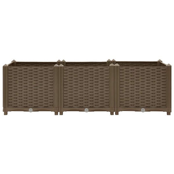Dreiteiliges braunes Hochbeet aus Kunststoff in Rattan-Optik, rechteckig, für Garten und Balkon.