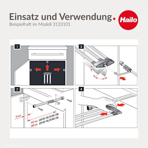 Montageanleitung für Hailo Abfalltrennsysteme mit grafischer Darstellung der Einbauschritte und Maße für das Modell 3133101.