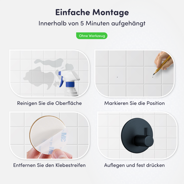 Anleitung zur werkzeuglosen Montage eines schwarzen Wandhakens mit Klebestreifen: Reinigen, Markieren, Abziehen und Festdrücken auf Fliesen.