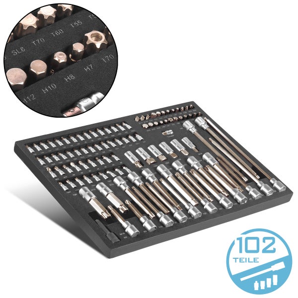 102-teiliges Bit- und Steckschlüssel-Set in schwarzer Schaumstoffeinlage