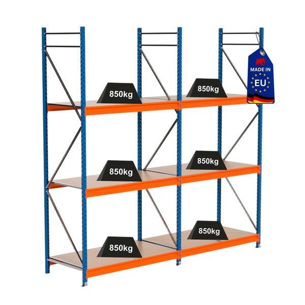 Schwerlastregal mit drei Ebenen und einer Traglast von 850 kg pro Ebene