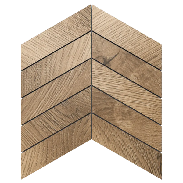 Mosaikfliese in Holzoptik mit Chevron-Muster.