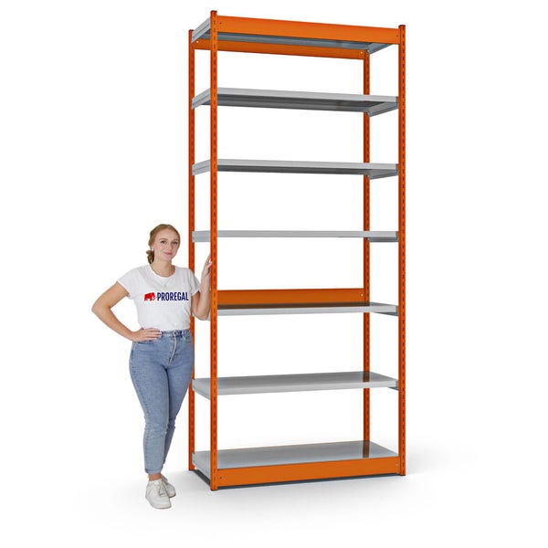 PROREGAL Fachbodenregal Stecksystem Vierkant-Profil Grundregal HxBxT 300 x 132,5 x 50 cm 7 Ebenen Einseitige Bauart Fachlast 200 kg Orange