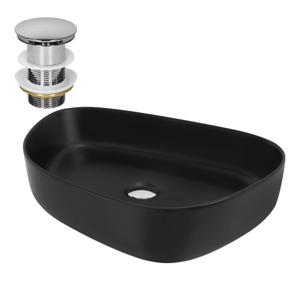 ML-Design Waschbecken aus Keramik Schwarz 55x42x14 cm Oval inkl. Ablaufgarnitur, Moderne Aufsatzwaschbecken, Design Waschtisch Aufsatz-Waschschale Waschplatz Handwaschbecken, für Badezimmer/Gäste-WC
