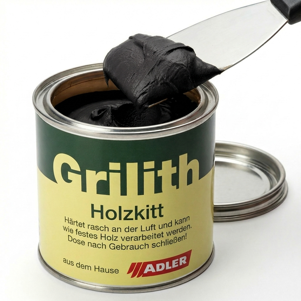 Adler Grilith Holzkitt schwarz in der Dose mit Spachtelmasse auf einem Metallspachtel.