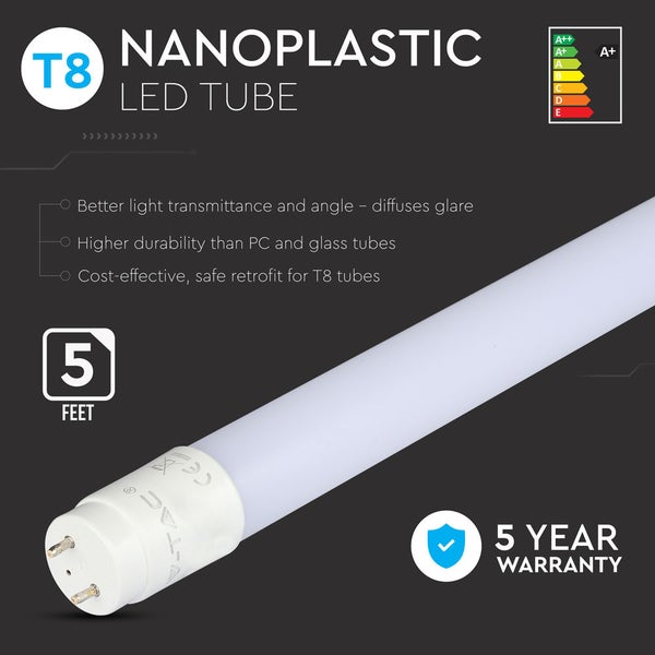 T8 LED-Röhre aus Nanoplastik, Länge 150 Zentimeter, Energieeffizienzklasse A plus, 5 Jahre Garantie.