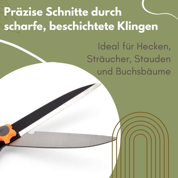 Nahaufnahme einer Gartenschere mit scharfen Klingen, ideal zum Schneiden von Hecken und Sträuchern