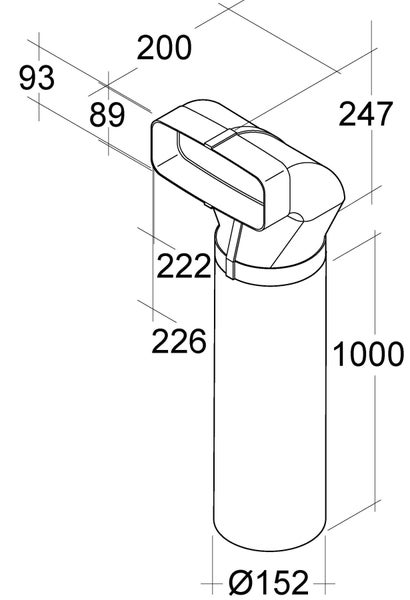 Technische Zeichnung eines Abluftrohrstücks mit Übergangsstück und Bemaßung in Millimetern.