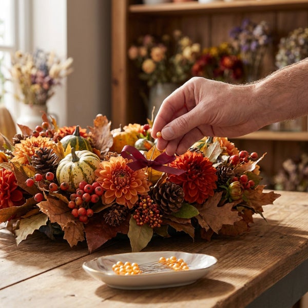 Eine Hand verziert einen herbstlichen Kranz mit Zierstecknadeln, geschmückt mit Kürbissen, Dahlien, Beeren, Tannenzapfen und Herbstlaub.