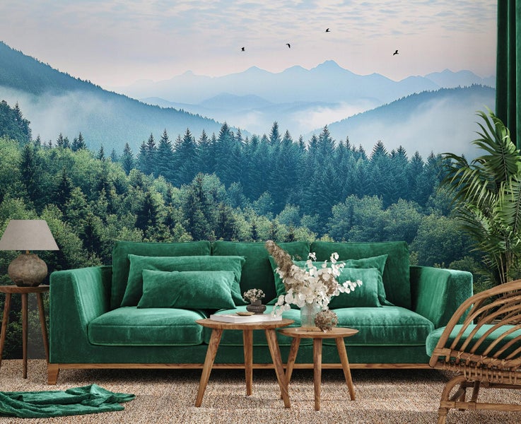 Fototapete 3D Effekt Wald im Nebel Wohnzimmer Vlies Tapete 400x280 cm