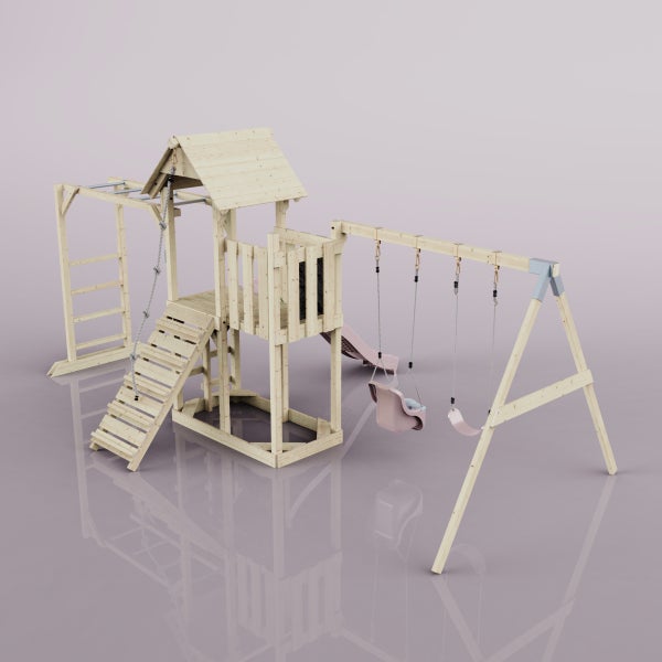 OutdoorToys Spielturm Helsingborg aus Holz in Rosa Babyschaukel