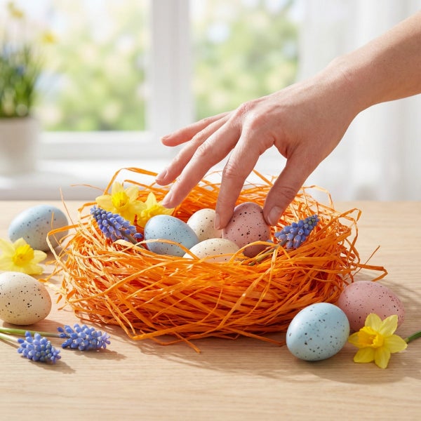 Osternest mit Ostereiern und Frühlingsblumen auf einem Holztisch, eine Hand greift nach einem Osterei.