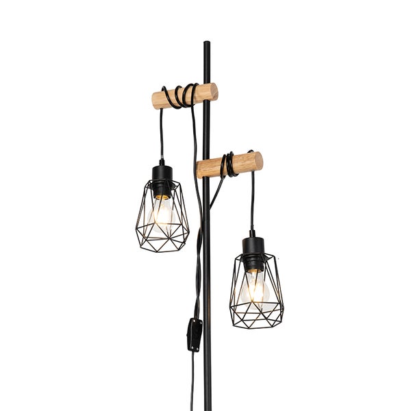 Stehlampe mit zwei Leuchten in geometrischen Lampenschirmen und Holzelementen