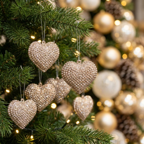Herz Anhänger mit strukturierter Oberfläche als Weihnachtsbaumschmuck am Tannenbaum.