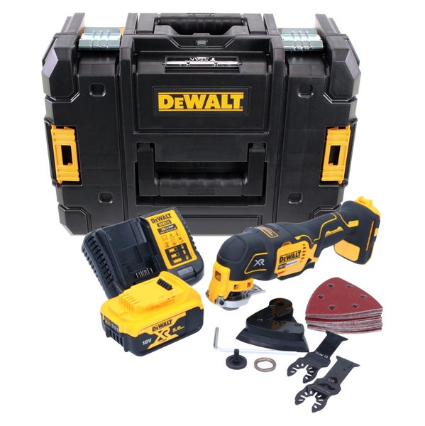 DeWALT Akku-Multitool-Set inklusive TSTAK Koffer, 18 Volt Akku, Ladegerät und Zubehör wie Sägeblätter und Schleifpapier.