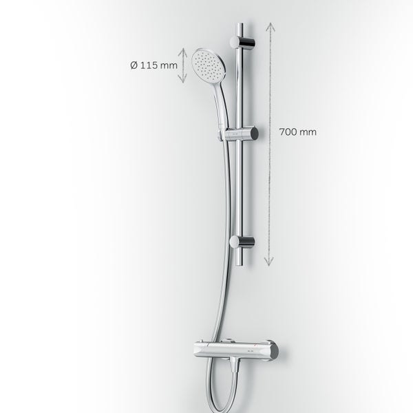 Duschset mit Thermostat, Handbrause 115 Millimeter Durchmesser und 700 Millimeter Brausestange.