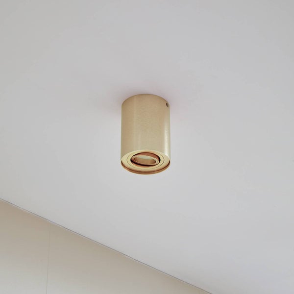 Zylindrischer Deckenstrahler aus Metall mit verstellbarem Einsatz für Leuchtmittel zur Aufbaumontage an der Decke.