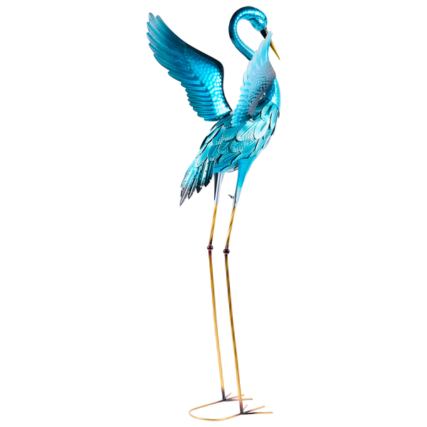 Dekorative Gartenfigur Kranich aus blauem Metall mit ausgebreiteten Flügeln und langen Beinen.