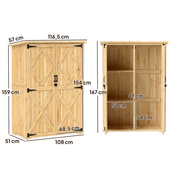 Outsunny Gartenschrank Holz, Geräteschuppen mit Abschließbar Doppeltür Asphalt-Dach Ablage 116,5x57x167cm, wetterfest Geräteschrank, Gerätehaus Gartenschuppen für Garten, Terrasse, Naturholz