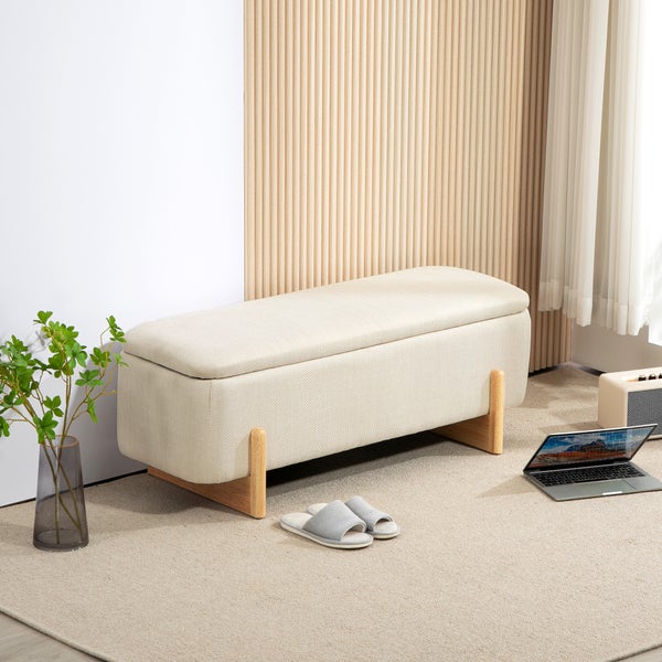 HOMCOM Sitzbank mit Stauraum, Polsterbank mit Leinenoptik, Holzbeine, Bettbank mit Sicherheitsscharniere für Wohnzimmer, Schlafzimmer, Flur, 111 x 44 x 44,5 cm, Creme