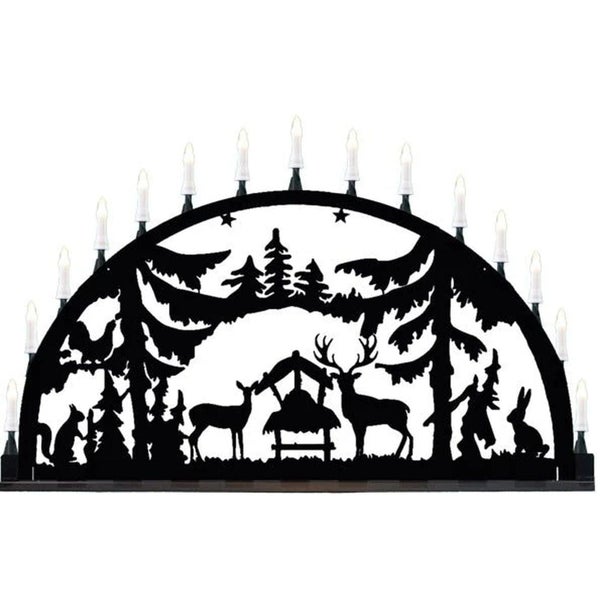 LED Lichterbogen aus Metall mit Waldmotiv und Tieren als weihnachtliche Dekoration.
