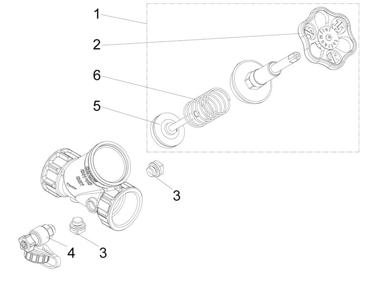 Explosionszeichnung einer Wasserarmatur mit nummerierten Einzelteilen wie Handrad, Ventilgehäuse, Feder und Entleerungsventil.