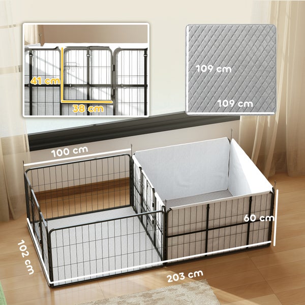 Welpenauslauf aus Metall mit Stoffeinlage und Matte, Maße circa 203 x 102 x 60 Zentimeter, Türöffnung circa 41 x 38 Zentimeter.