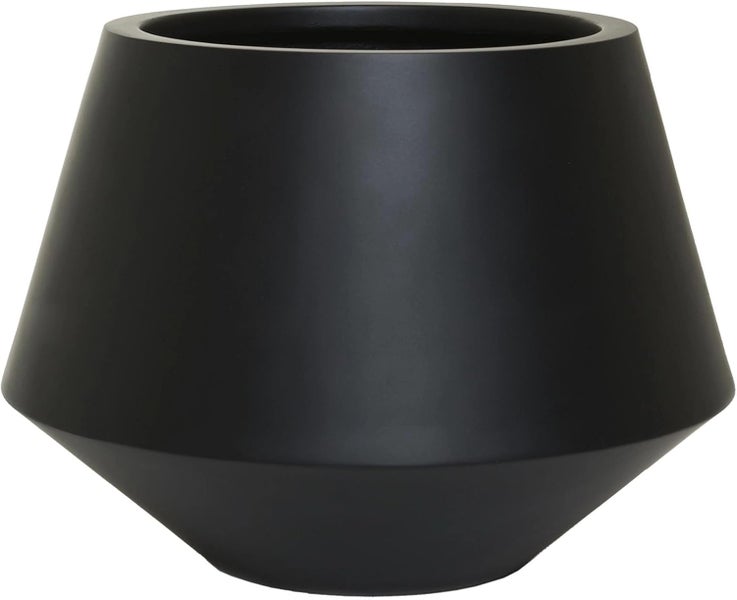 Moderner schwarzer Pflanztopf mit matter Oberfläche und geometrischer Form.