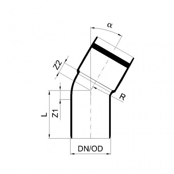 Technische Zeichnung eines Rohrbogens mit Bemaßung für Durchmesser, Länge, Radius und Winkel.