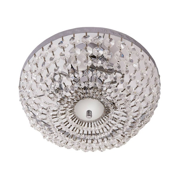 Deckenleuchte aus verchromtem Metall mit Mäandermuster und herabhängenden Kristallelementen in Schalenform.