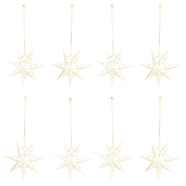 Acht Papiersterne mit Aufhängern zur Dekoration