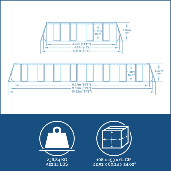 Maßzeichnung für Pools mit Angaben zu Breite, Höhe, Gewicht von 236,84 Kilogramm und Packmaß von 108 mal 153 mal 61 Zentimeter.