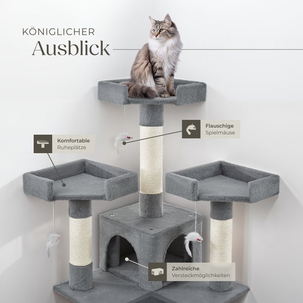 Kratzbaum tectake Barney inklusive 2 Treppen, 4 Spielmäusen und Kippschutz 170 cm grau