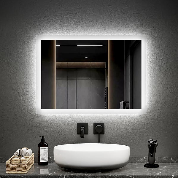 EMKE LED Badspiegel 70×50 cm, Warmweiß/Kaltweiß, seitlicher Kippschalter, beschlagfrei, mattierter Rand, IP44, für Badezimmer