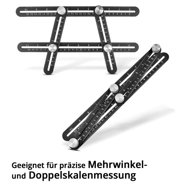 Schwarzes Mehrwinkel-Messwerkzeug aus Metall mit sechs verstellbaren Linealen und weißer Doppelskala für präzise Messungen.