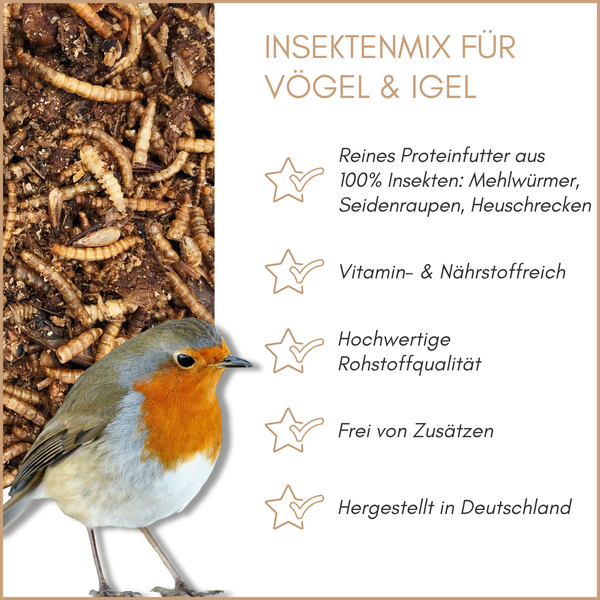 Insektenmix als proteinreiches Ergänzungsfutter für Vögel und Igel mit Mehlwürmern, Seidenraupen und Heuschrecken aus deutscher Herstellung.