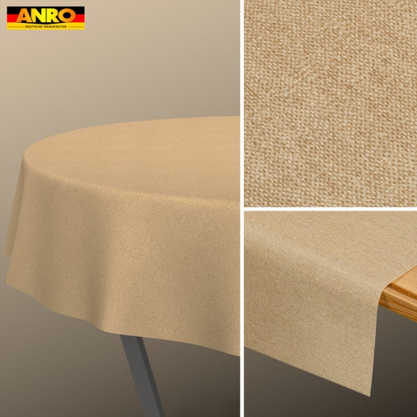 Beige, strukturierte Tischdecke aus Stoff auf einem Tisch mit Nahaufnahme der Gewebestruktur, ANRO Logo.