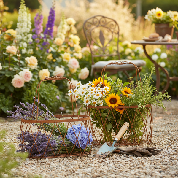 Zwei Drahtkörbe mit Blumen und Kräutern auf Kies, daneben eine Schaufel und Gartenhandschuhe in einer hellen Gartenumgebung im Landhausstil.