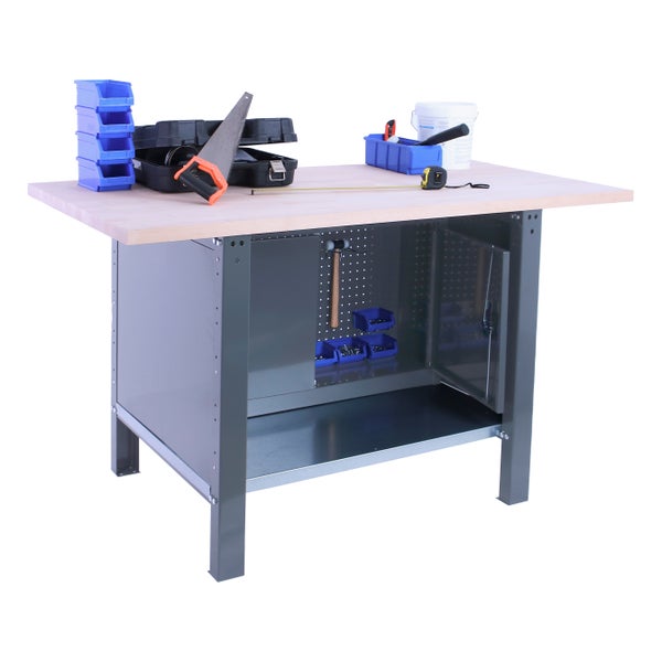 Werkbank BUFFALO WOOD mit Schrank | HxBxT 86,5x180x75cm | Traglast 1000kg | Grau