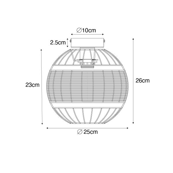 Technische Zeichnung einer Deckenleuchte mit den Maßen 26 cm Höhe, 25 cm Durchmesser, Lampenschirmdurchmesser 10 cm und Baldachinhöhe 2,5 cm.